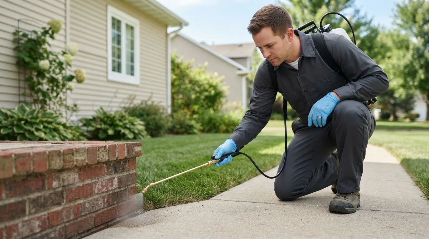 Pest control technician treating a home near Olathe, KS